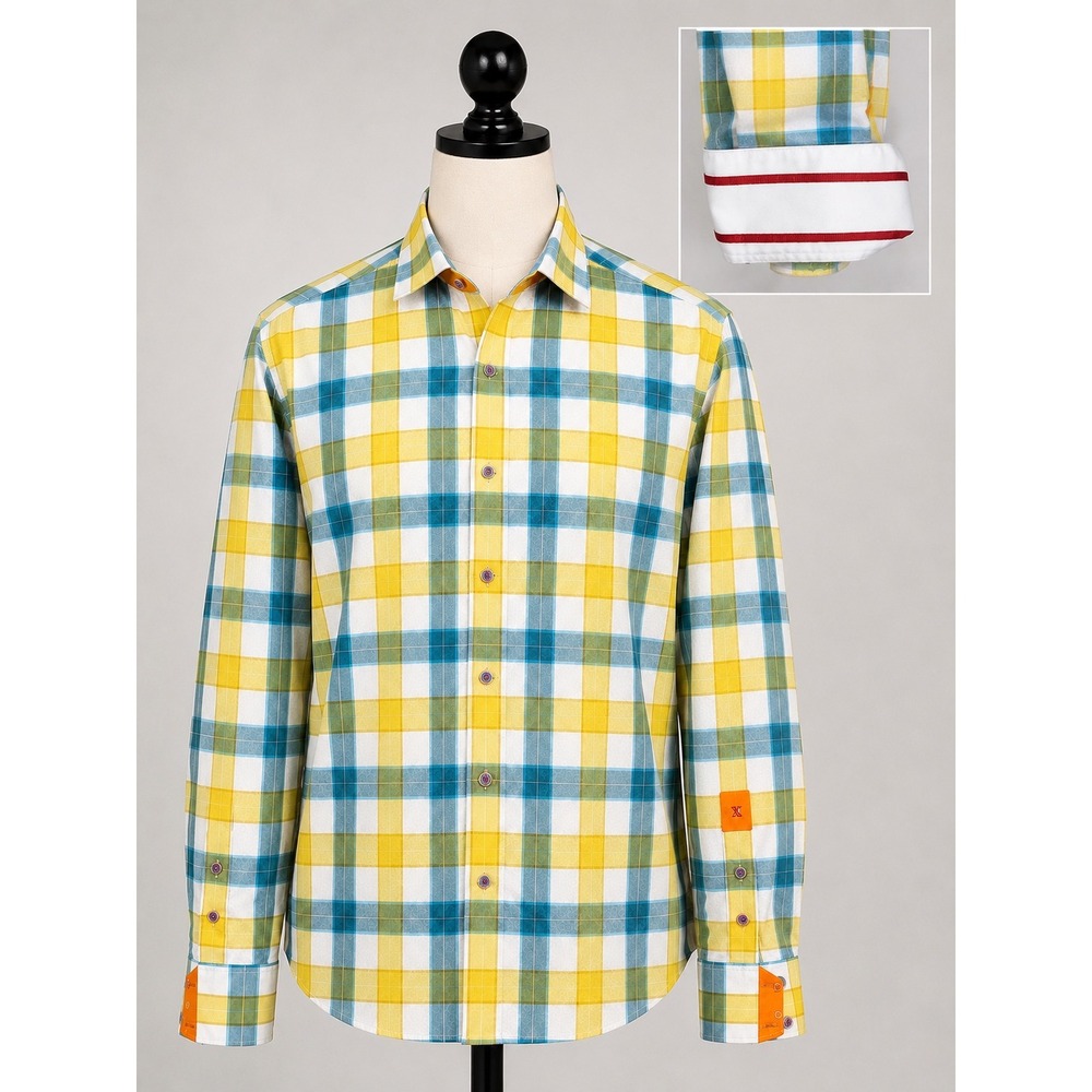 Robert Graham Mens Yellow Teal Plaid Paisley Cotton Button Down Shirt Large
